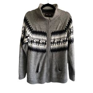 LAMA LUX Peru Wool Zip Front Knit Cardigan Sweater Jacket Gray Black White M/L